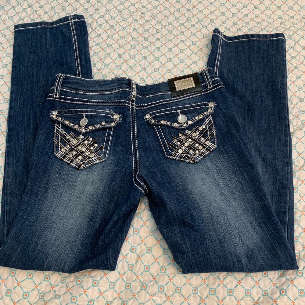 E-Line Strait Leg Embellished and Distressed Medium Wash Denim Blue Jeans
